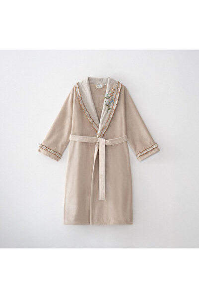 Ecocotton Latifa Women's Bathrobe 100% Organic Cotton Hand Embroidered Ruffled Beige