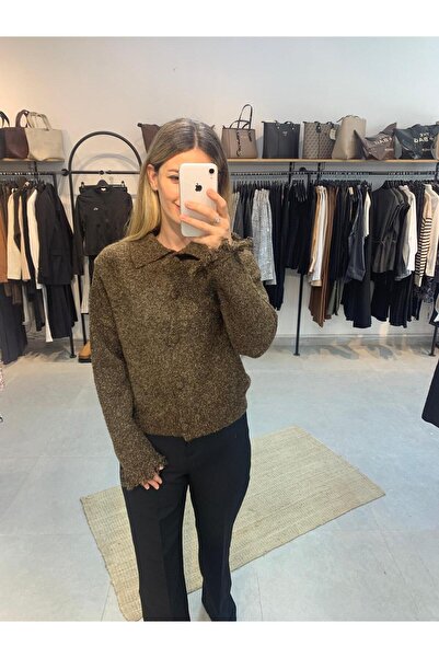 Ecenin Favorileri Brown knitted women's cardigan with tassel sleeves