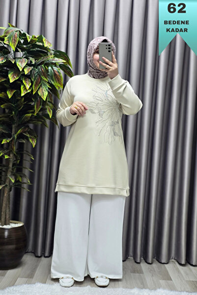 Elmas Tesettür Kadın Giyim Büyük Beden Modal Taşlı Çiçekli Tunik