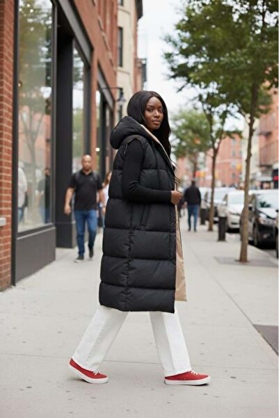 Hb Harma Time Butik Жіночий двосторонній кремово-чорний жилет з капюшоном і кишенями