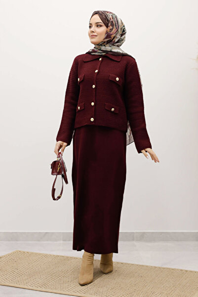 Tesettür Dünyası Ornamental Pocketed Knitwear Cardigan Tsd250243 Plum