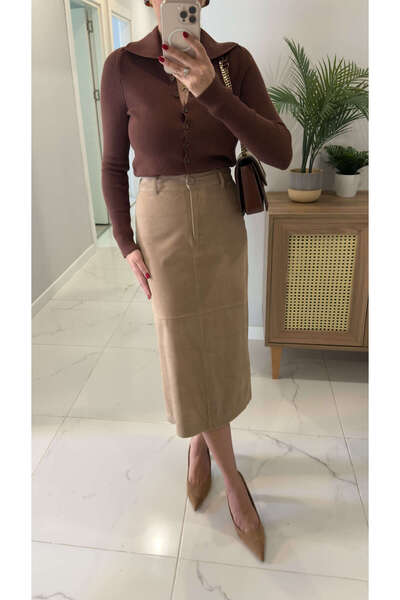 BİRCANÇİL Odera Beige Slit Suede Skirt