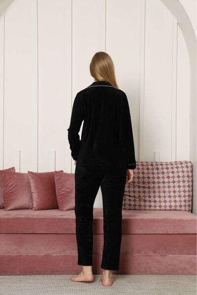 Espuar Buttoned Shirt Collar Piped Bamboo Velvet Pajama Set