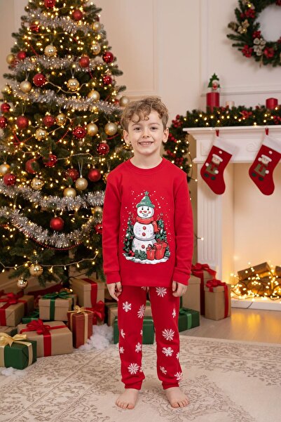 Cansın Mini Red Christmas Themed Long Sleeve Children's Pajama Set 23397