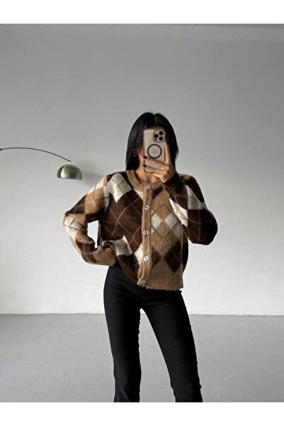 ossons Baklava Patterned Crew Neck Jacquard Cardigan