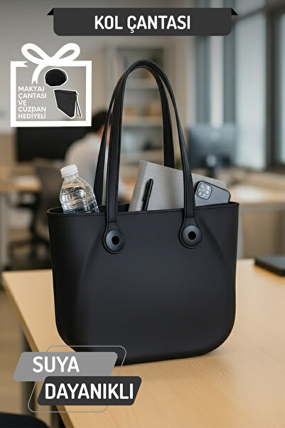 Nandy Home Makyaj Çantası ve Cüzdan Hediyeli, Silikon Görünümlü, Su Geçirmez Kol Çantası - Seyahat Çantası