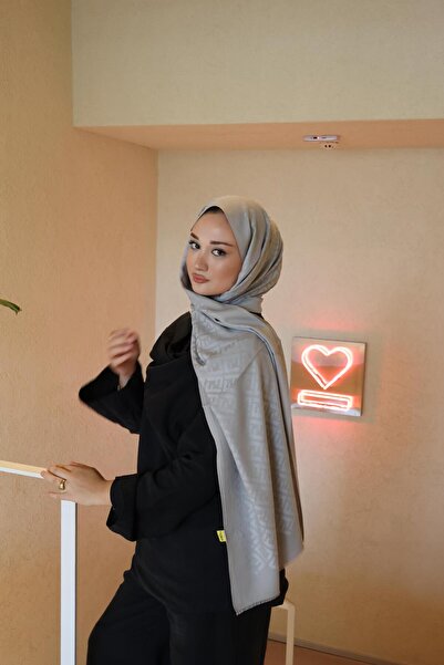 Şalland F Pattern Wool Cashmere Shawl Light Gray