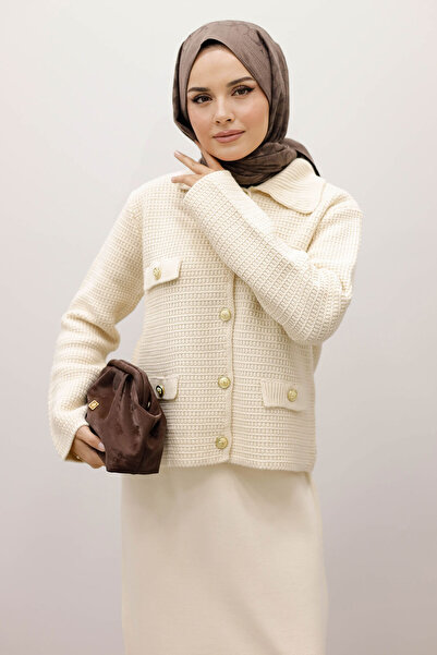 Tesettür Dünyası Ornamental Pocketed Knitwear Cardigan Tsd250243 Beige