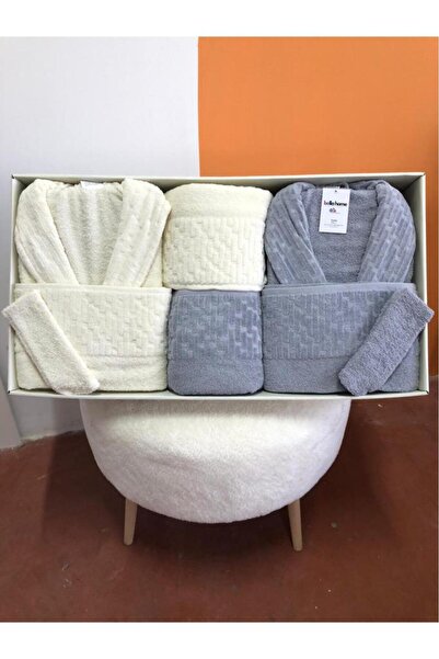 Çeyiz Diyarı Su Yolu 8 Piece Family Bathrobe Set Cream - Light Gray