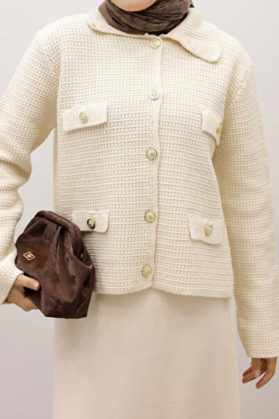 Tesettür Dünyası Ornamental Pocketed Knitwear Cardigan Tsd250243 Beige