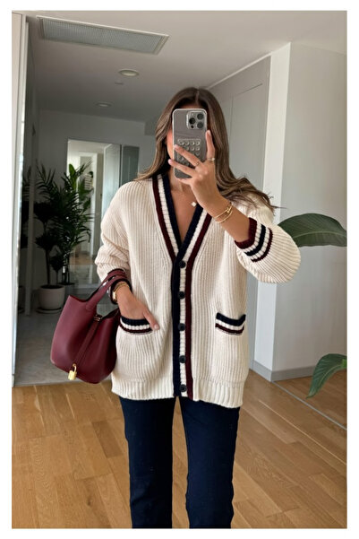 My Blog Cream - Burgundy Colored Pocket Cardigan - 241143