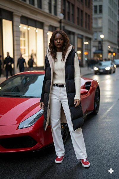 Hb Harma Time Butik Жіночий двосторонній кремово-чорний жилет з капюшоном і кишенями