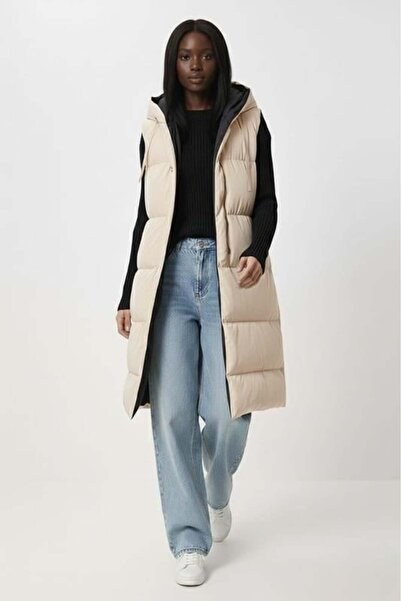 Hb Harma Time Butik Жіночий двосторонній кремово-чорний жилет з капюшоном і кишенями