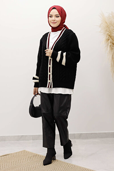 Tesettür Dünyası Hair Braid Patterned Knitwear Cardigan Tsd250255 Black