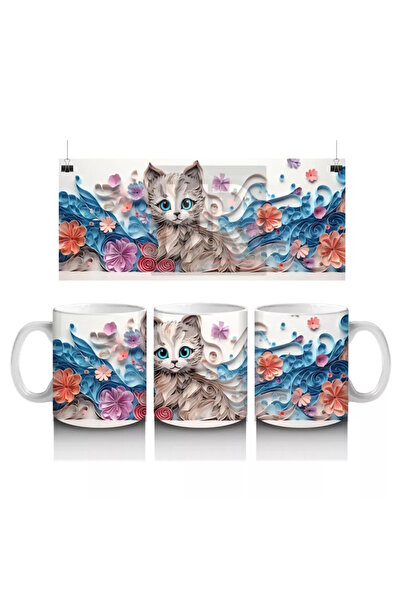 Wisdom Rain Cat Decorated with Flowers in Blue Tones – Printed Coffee Mug