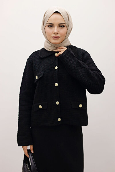 Tesettür Dünyası Ornamental Pocketed Knitwear Cardigan Tsd250243 Black
