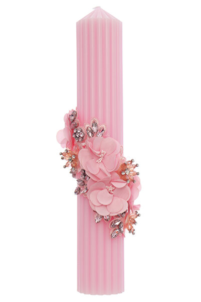 Recostore Lumanare canelata pentru botez, roz cu detalii florale, 35x6 cm, RE...