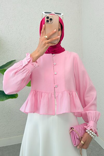 Modamorfo Modal Fabric Shirt with Ruffled Skirt and Sleeves and Stone Buttons - Pink