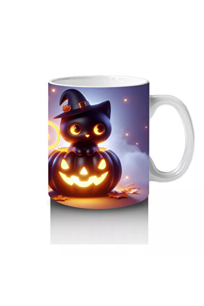 Wisdom Rain Halloween Themed Black Cat and Pumpkin Glitter Printed Mug