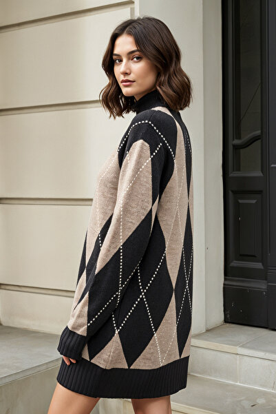 CHUBA Women's Mock Neck Diamond Pattern Sweater Dress Black-Mink 26W3037