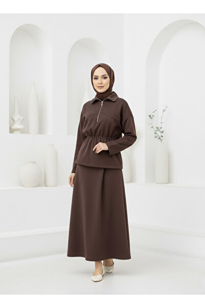 Lunsera Store طقم تنورة بلي ستوبير مع تونيل - بني