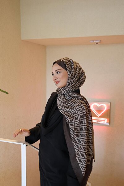 Şalland F Pattern Wool Cashmere Shawl Bitter Brown