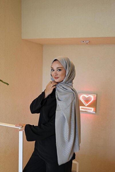 Şalland F Pattern Wool Cashmere Shawl Light Gray