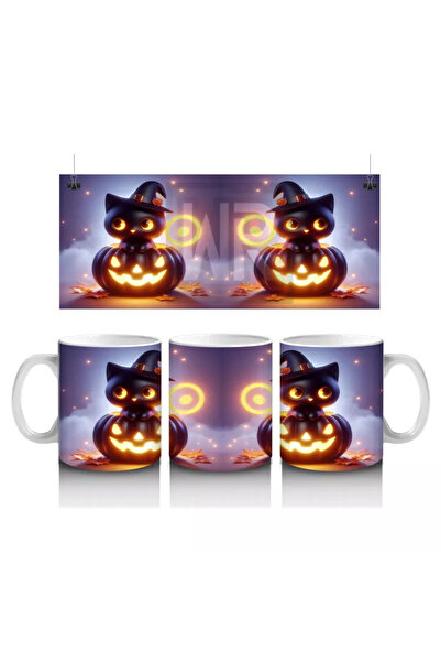 Wisdom Rain Halloween Themed Black Cat and Pumpkin Glitter Printed Mug