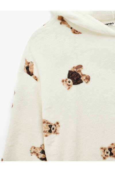 Koton Hooded Long Sleeve Teddy Bear Printed Oversized Fleece Dressing Gown