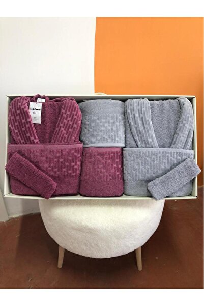 Çeyiz Diyarı Su Yolu 8 Piece Family Bathrobe Set Light Gray - Plum
