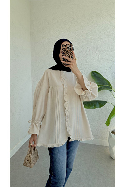 Modamorfo Modal Fabric Shirt with Lace-Up Sleeves and Stone Buttons -Stone