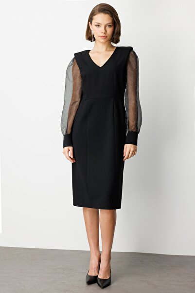 Ekol Women's Stone Sleeves V-Neck Midi Dress 4025 Black