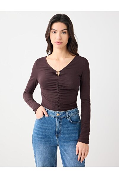 Jimmy Key Bitter Brown V-Neck Long Sleeve Ruched Detail Knitted Blouse
