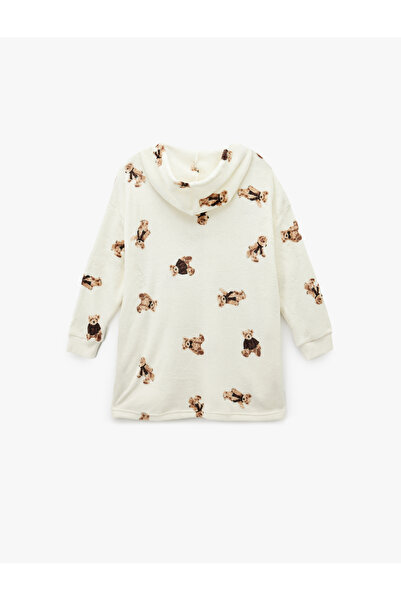 Koton Hooded Long Sleeve Teddy Bear Printed Oversized Fleece Dressing Gown