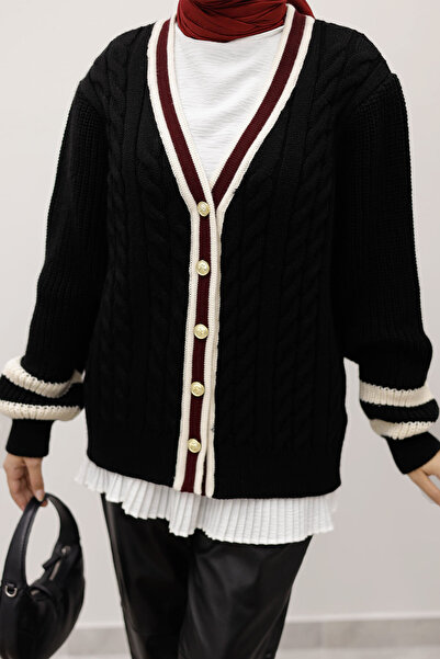 Tesettür Dünyası Hair Braid Patterned Knitwear Cardigan Tsd250255 Black