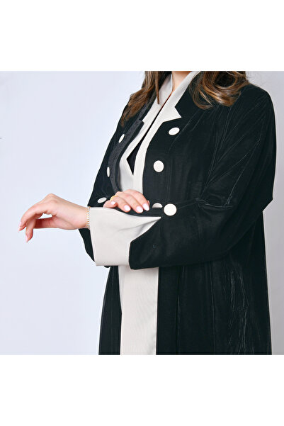 HAWRAA ABAYA Black velvet winter abaya with silver buttons – classic elegance from Houra Abayas