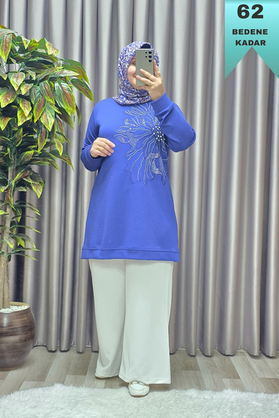 Elmas Tesettür Kadın Giyim Büyük Beden Modal Taşlı Çiçekli Tunik