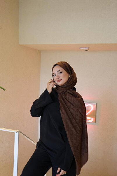 Şalland F Pattern Wool Cashmere Shawl Chocolate Brown