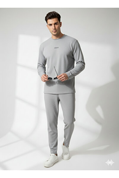 ribana Unisex Crew Neck Embossed Printed Inside Cotton Pocketed Top and Bottom Set