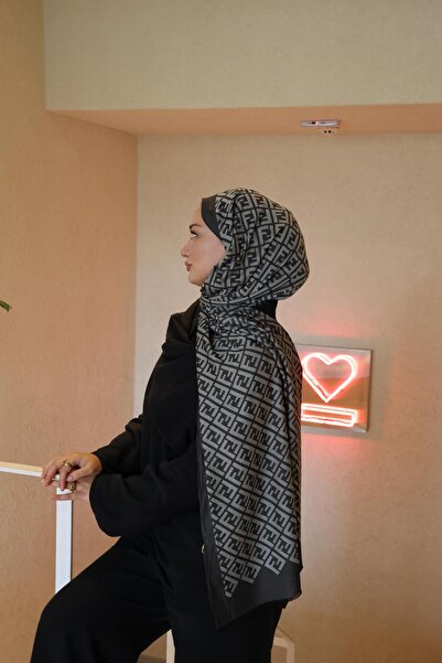 Şalland F Pattern Wool Cashmere Shawl Smoked Black