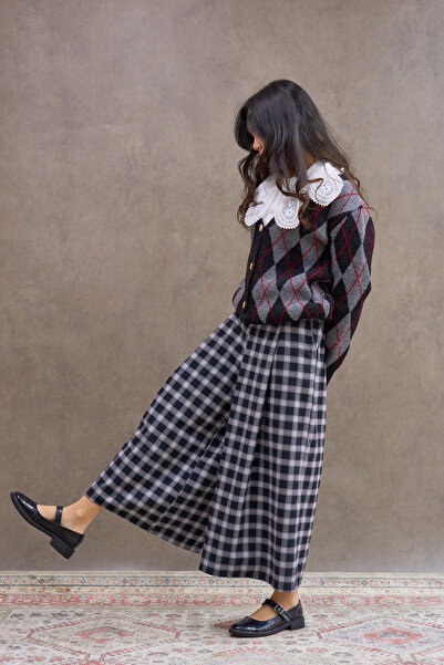 KÜÇÜĞÜM BUTİK Siyah-Bordo Kareli Çift Pileli Ekose Pantolon