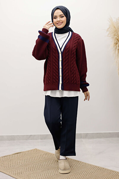 Tesettür Dünyası Hair Braid Patterned Knitwear Cardigan Tsd250255 Claret Red