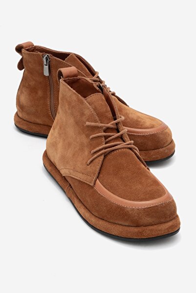 LuviShoes Γυναικεία μποτάκια MARTAS Tan Suede από γνήσιο δέρμα με κορδόνια με φερμουάρ
