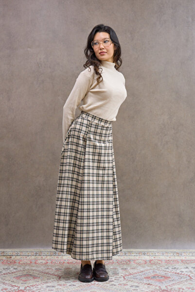 KÜÇÜĞÜM BUTİK Cream Brown Striped Double Pleated Plaid Skirt