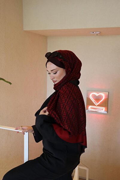 Şalland F Pattern Wool Cashmere Shawl Burgundy Black