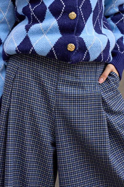 KÜÇÜĞÜM BUTİK Pantaloni în carouri cu pliuri duble în carouri albastre