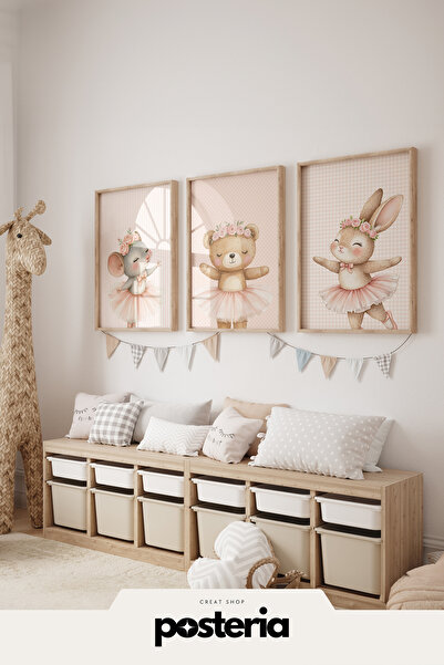 Posteria 3'lü Balerin Canlılar, kız odası Tablosu Doğal Ahşap Çerçeveli Yumuş...