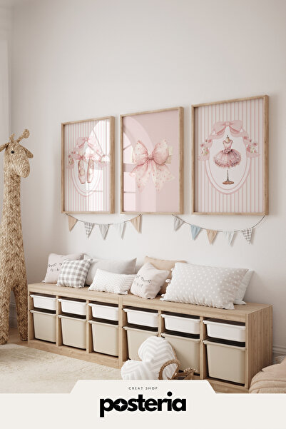 Posteria 3'lü Tatlı Pudra Pembesi Balerin, 3'lü Kız Çocuk Odası Tablosu Doğal Ahşap Çerçeveli