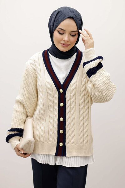 Tesettür Dünyası Hair Braid Patterned Knitwear Cardigan Tsd250255 Beige