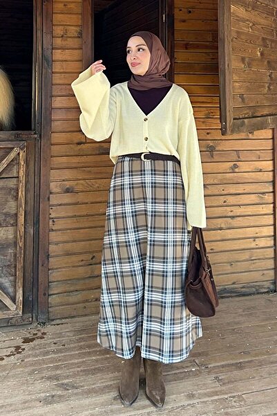 Ceylan Otantik Caramel Plaid Flared Skirt